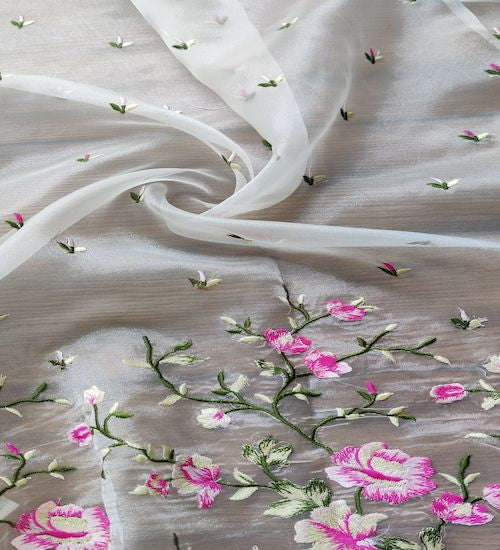 White Floral Embroidered Organza Fabric (Wholesale)