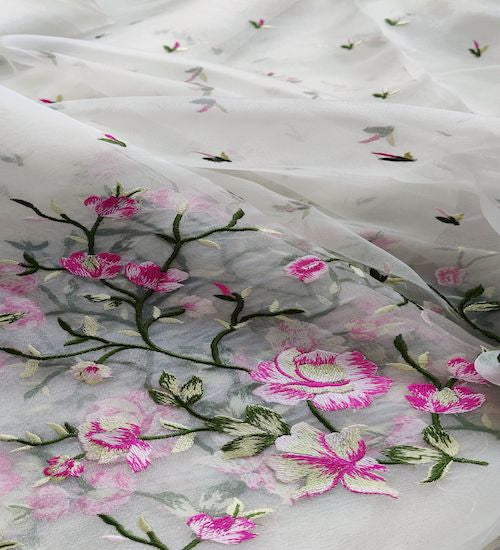 White & Pink Floral Embroidered Organza Fabric