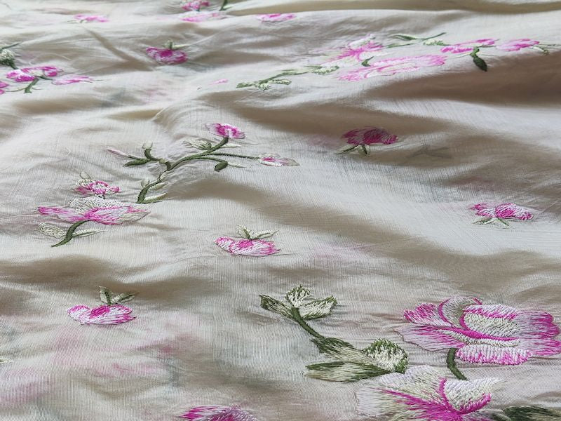 Off White & Pink Floral Embroidered Chanderi Silk Fabric