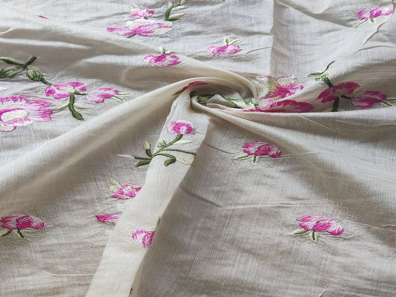 Light Beige & Pink Floral Embroidered Chanderi Fabric