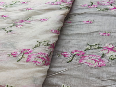 Light Beige & Pink Floral Embroidered Chanderi Fabric