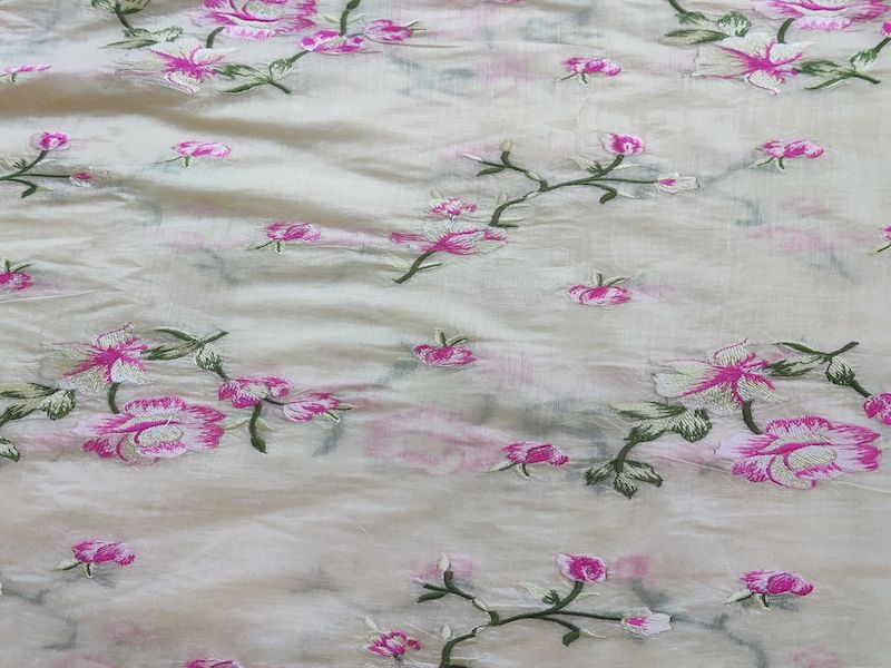 Light Beige & Pink Floral Embroidered Chanderi Fabric