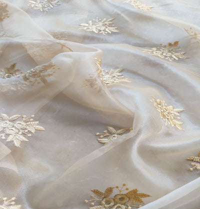 Cream Floral Embroidered Organza Fabric