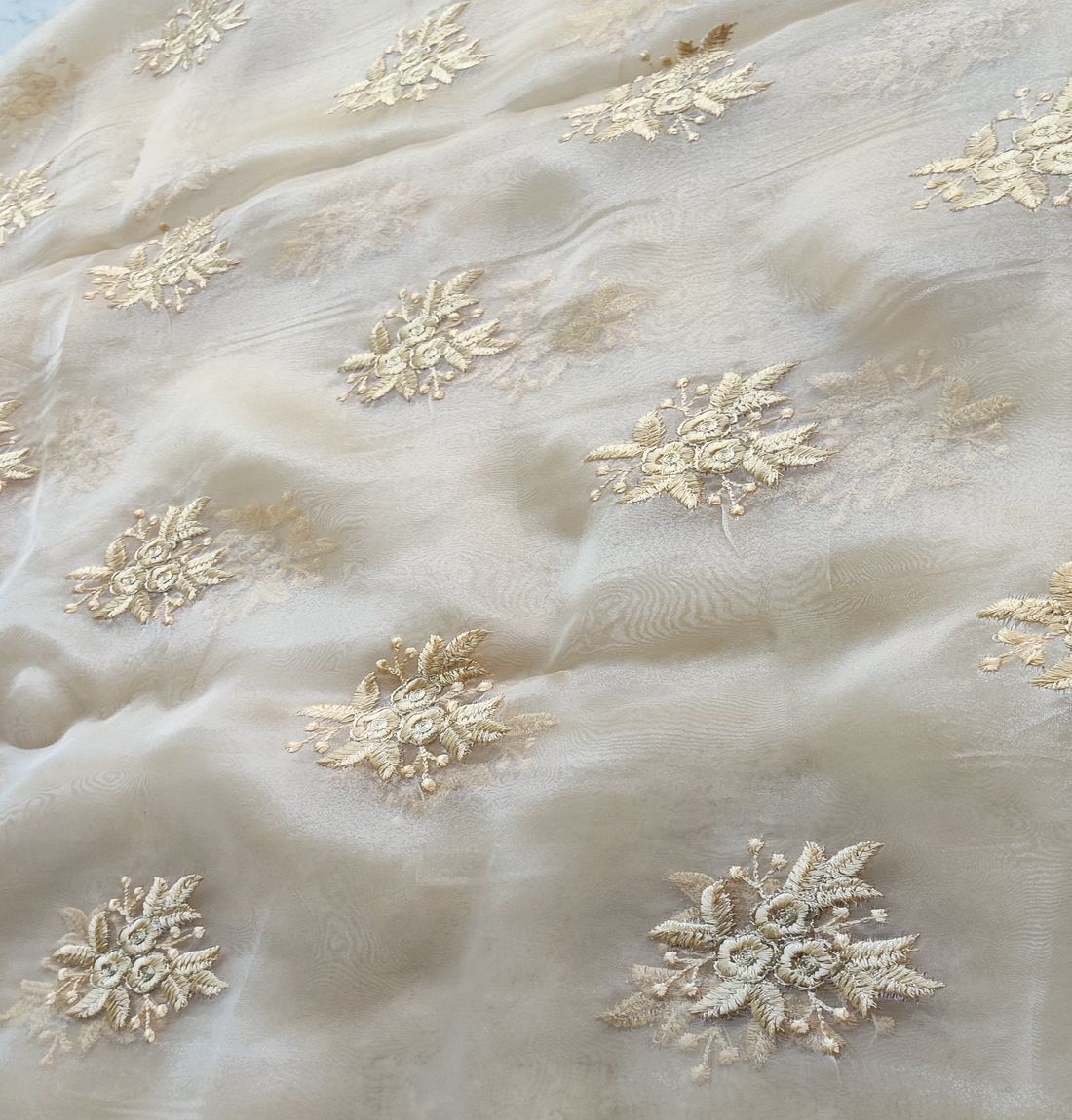 Cream Floral Embroidered Organza Fabric