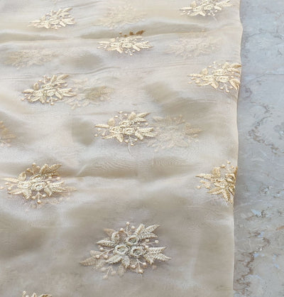 Cream Floral Embroidered Organza Fabric