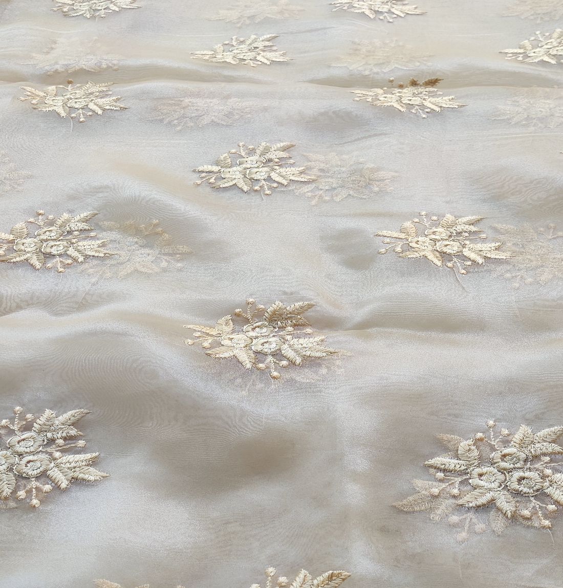 Cream Floral Embroidered Organza Fabric