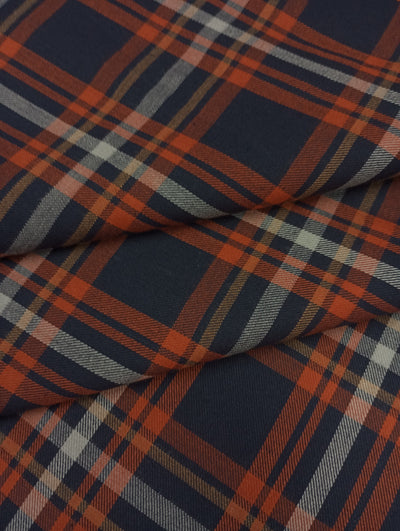 Navy Blue & Orange Checks Yarn Dyed Cotton Fabric