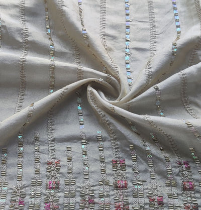 Off White Traditional Hand Embroidered Metallic Dyeable Russian Tissue Silk Fabric