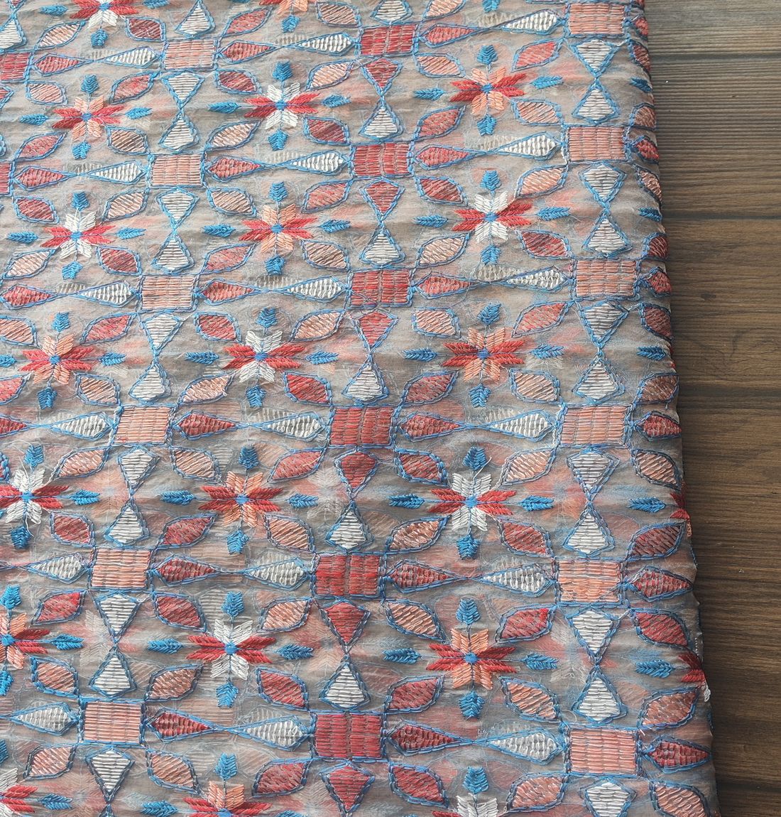 Light Brown Multicoloured Abstract Kantha Work Organza Fabric