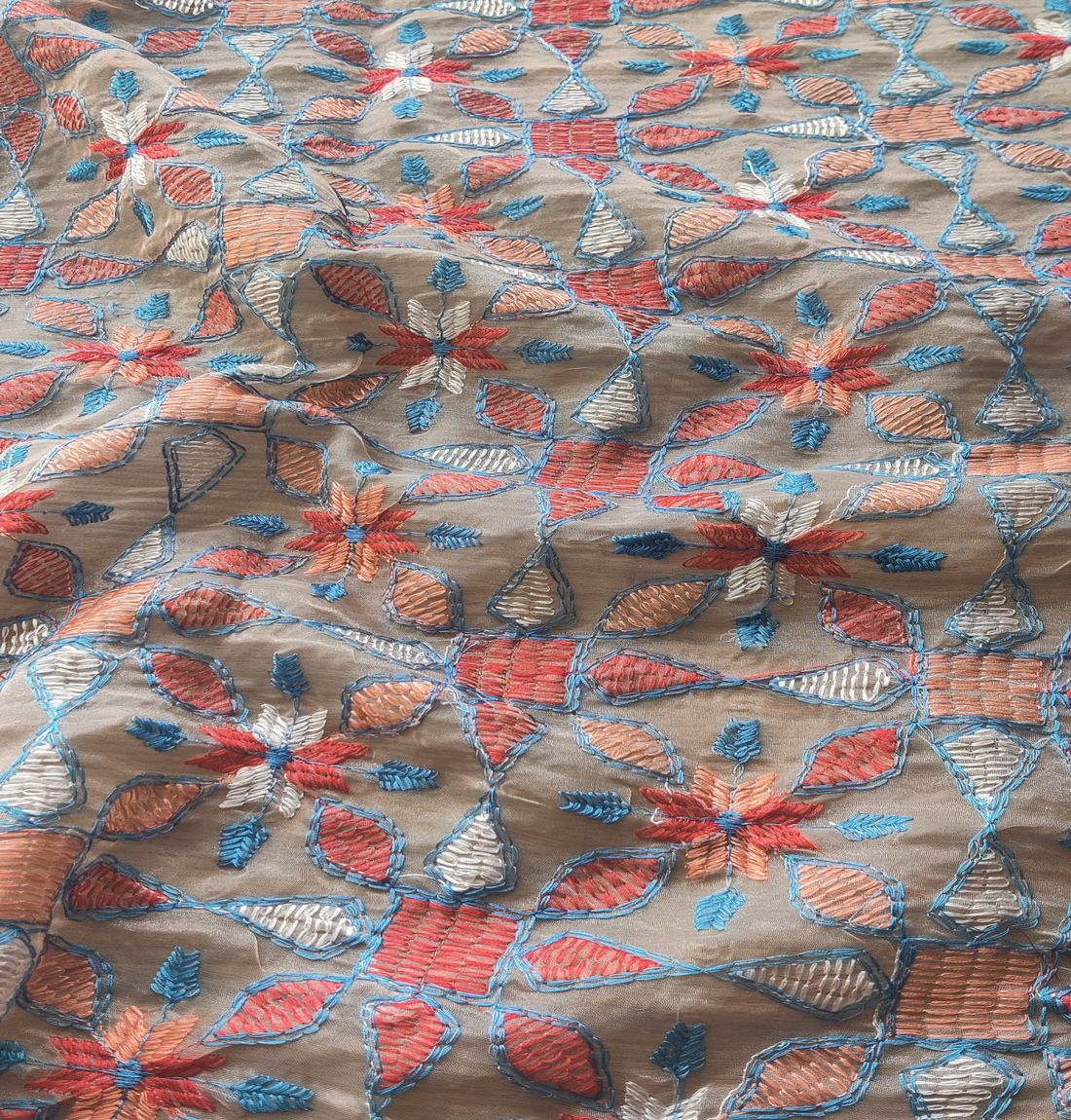 Light Brown Multicoloured Abstract Kantha Work Organza Fabric