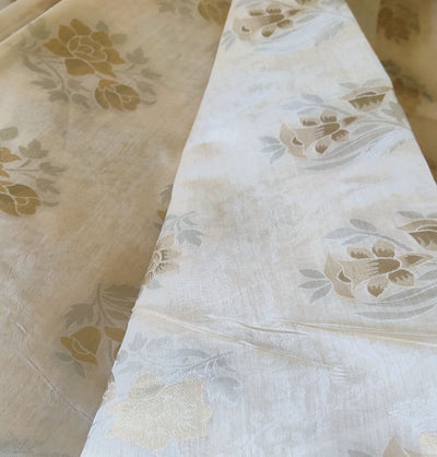 Cream Floral Dyeable Self Embossed Chanderi Jacquard Fabric