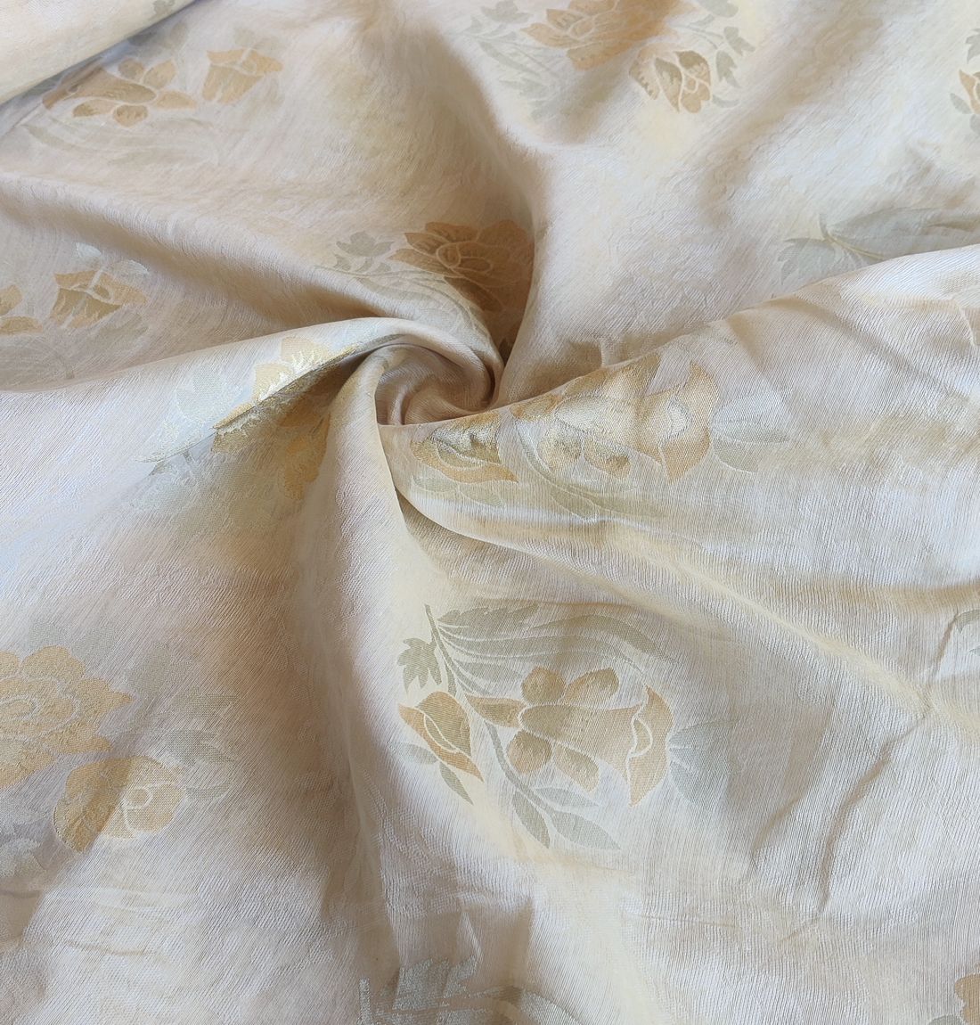 Cream Floral Dyeable Self Embossed Chanderi Jacquard Fabric