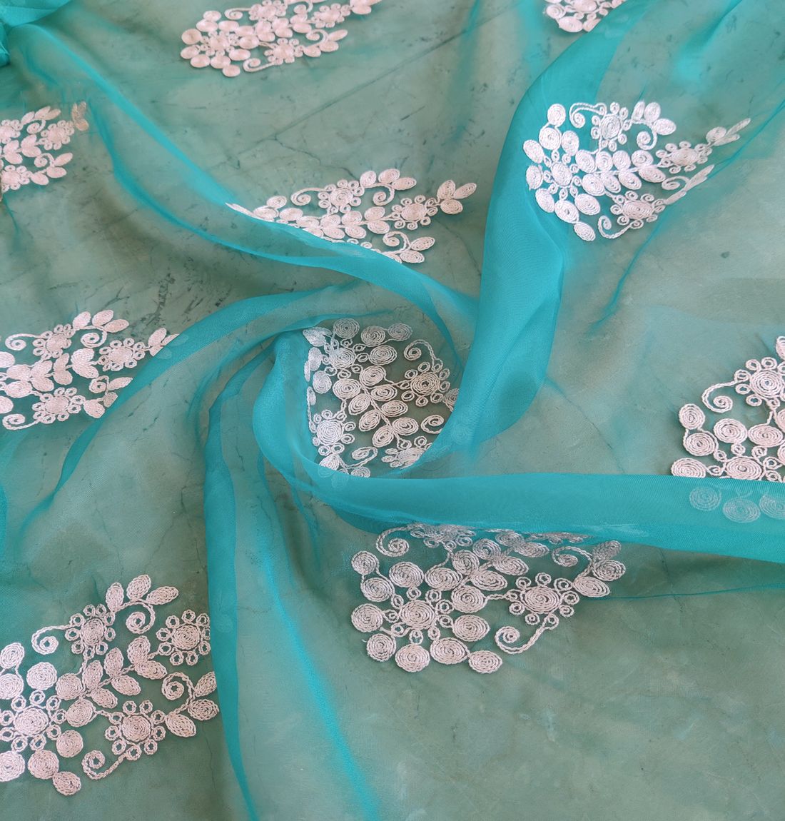 Teal Green Motifs Organza With White Dori Fabric