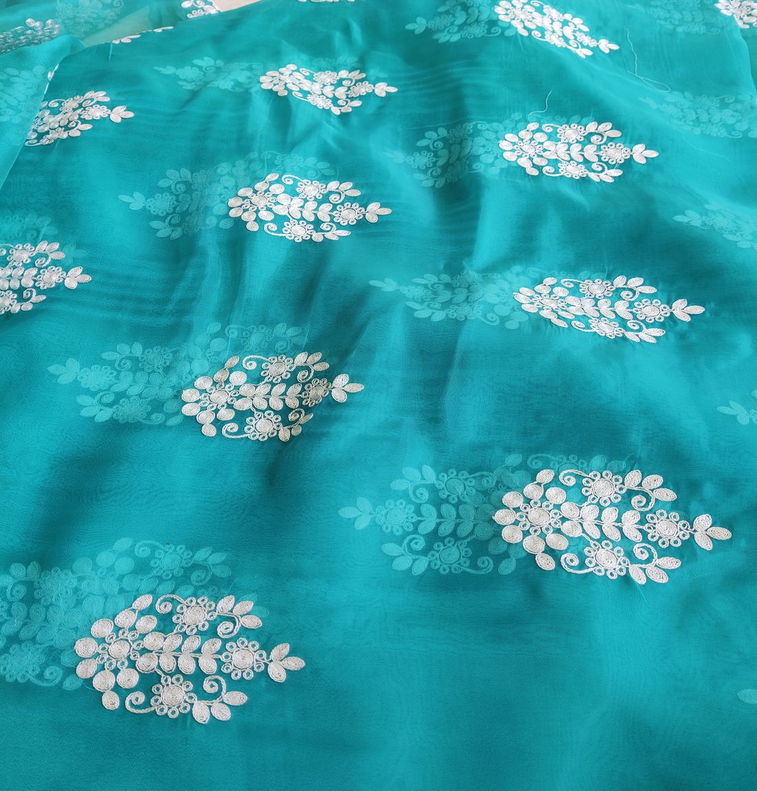 Teal Green Motifs Organza With White Dori Fabric