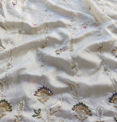 Multicolour Traditional Hand Work On Dyeable Golden Russian Tissue Silk Fabric