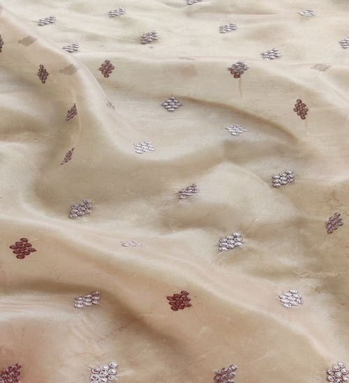 Light Brown Motifs Embroidered Zardozi Organza Fabric