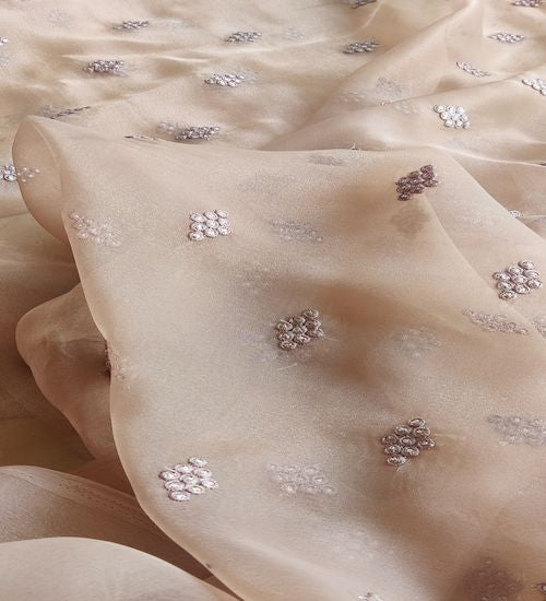 Light Brown Motifs Embroidered Zardozi Organza Fabric