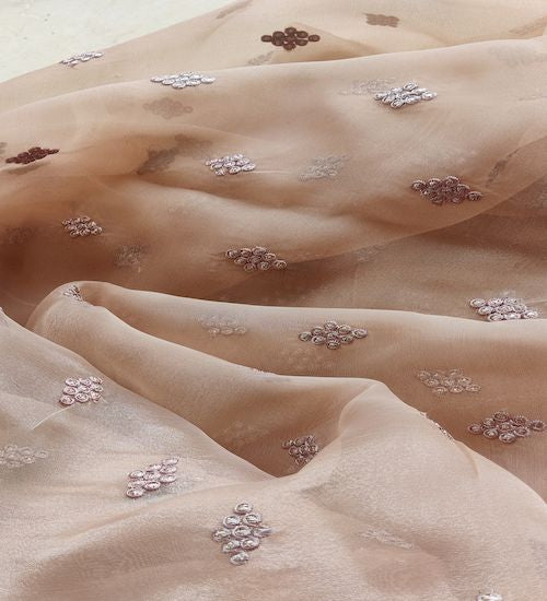 Light Brown Motifs Embroidered Zardozi Organza Fabric