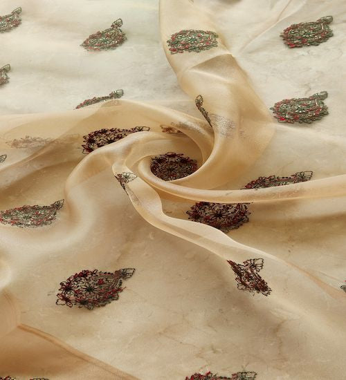 Multicoloured Kashmiri Embroidered Golden Organza Fabric (Wholesale)