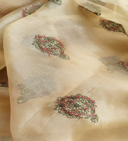Multicoloured Kashmiri Embroidered Golden Organza Fabric (Wholesale)