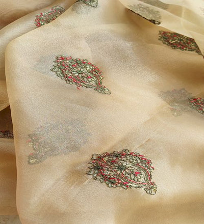 Multicoloured Kashmiri Embroidered Golden Organza Fabric (Wholesale)