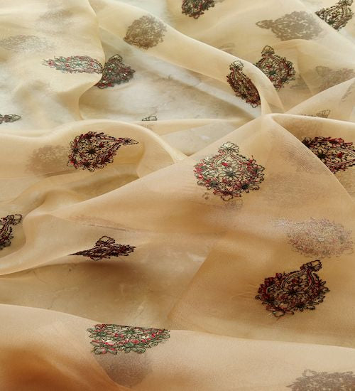 Golden Motifs Kashmiri Embroidered Organza Fabric