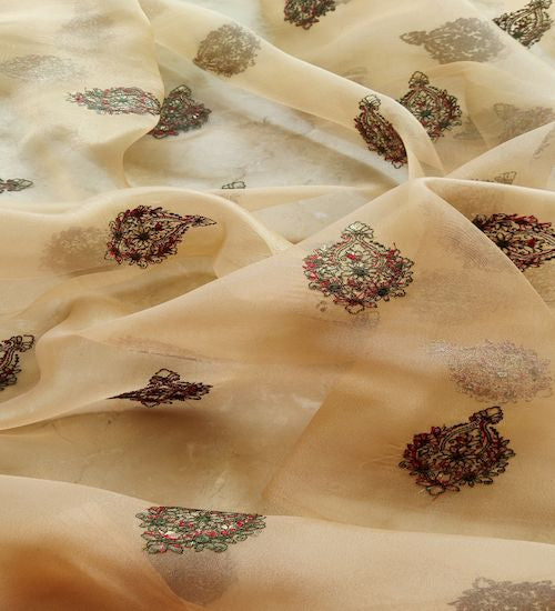 Multicoloured Kashmiri Embroidered Golden Organza Fabric (Wholesale)