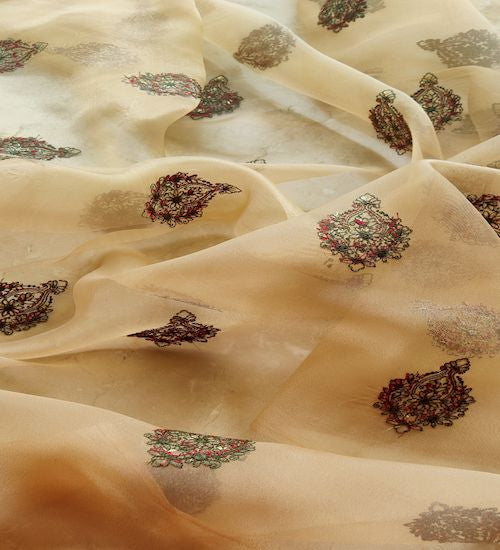 Golden Motifs Kashmiri Embroidered Organza Fabric