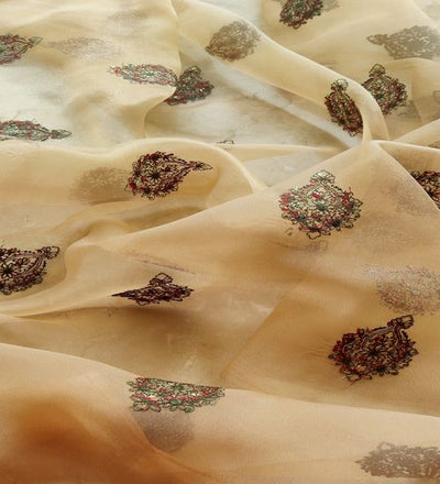 Multicoloured Kashmiri Embroidered Golden Organza Fabric (Wholesale)