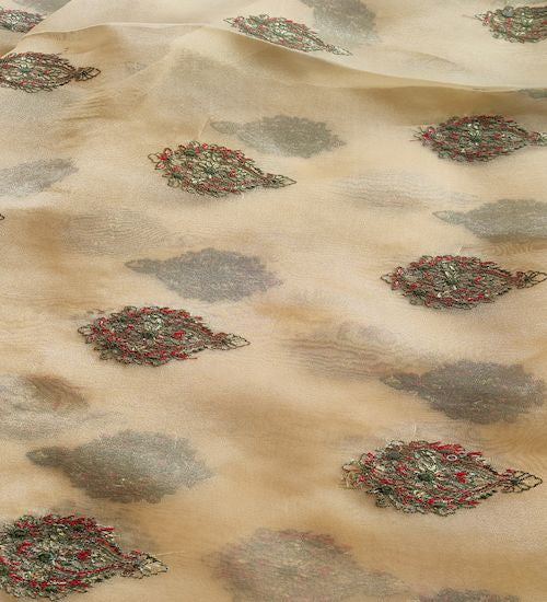 Multicoloured Kashmiri Embroidered Golden Organza Fabric (Wholesale)