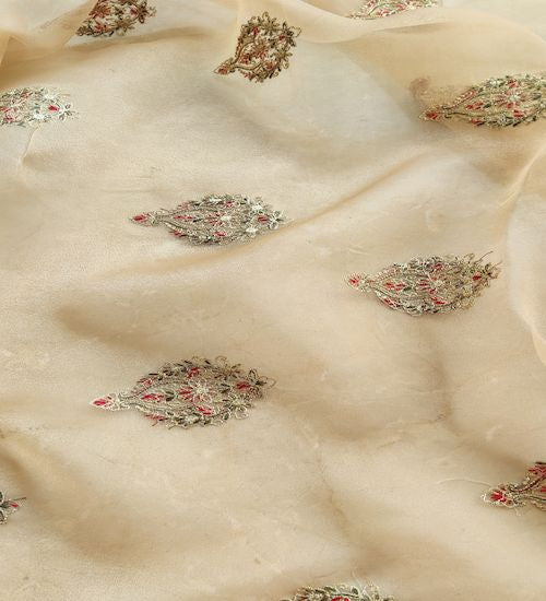 Multicolored Kashmiri Embroidered Golden Organza Fabric (Wholesale)