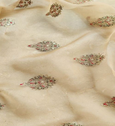 Multicolored Kashmiri Embroidered Golden Organza Fabric (Wholesale)
