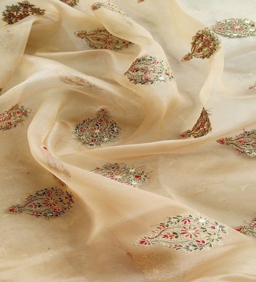 Multicolored Kashmiri Embroidered Golden Organza Fabric (Wholesale)