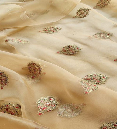Multicolored Kashmiri Embroidered Golden Organza Fabric (Wholesale)