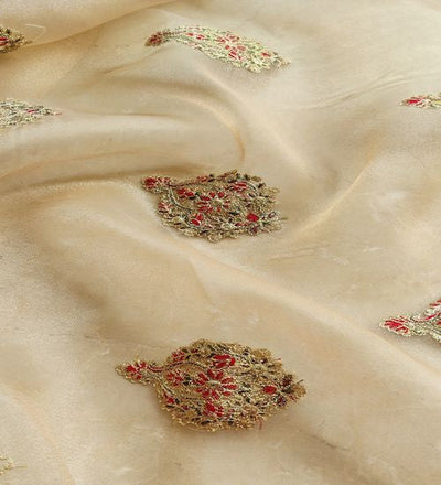 Multicolored Kashmiri Embroidered Golden Organza Fabric (Wholesale)
