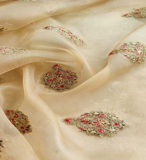 Multicolored Kashmiri Embroidered Golden Organza Fabric (Wholesale)