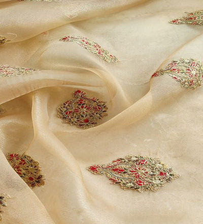 Multicolored Kashmiri Embroidered Golden Organza Fabric (Wholesale)