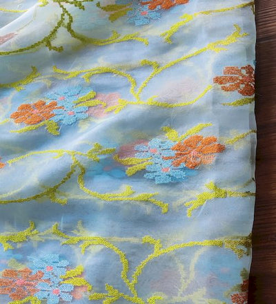 Multicoloured Floral Cross Stitch Embroidered Light Blue Organza Fabric (Wholesale)