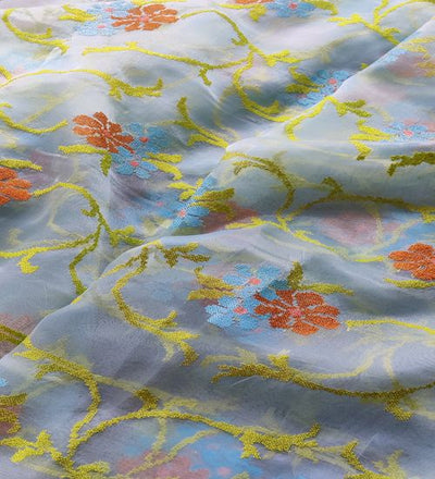 Multicoloured Floral Cross Stitch Embroidered Light Blue Organza Fabric (Wholesale)
