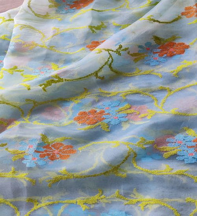 Multicoloured Floral Cross Stitch Embroidered Light Blue Organza Fabric (Wholesale)