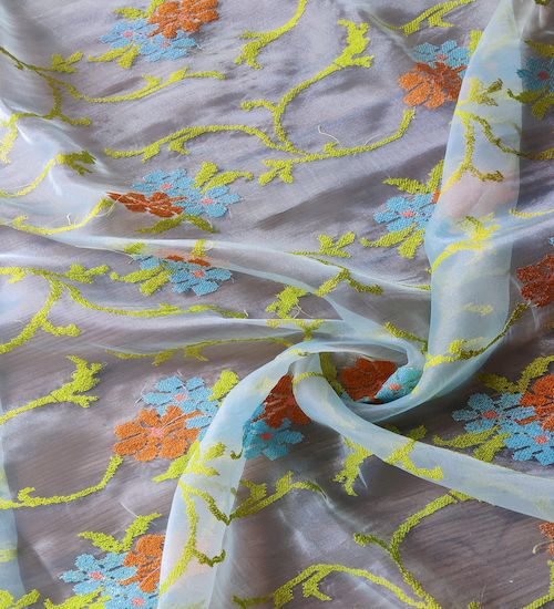 Multicoloured Floral Cross Stitch Embroidered Light Blue Organza Fabric (Wholesale)