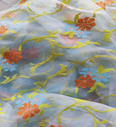 Multicoloured Floral Cross Stitch Embroidered Light Blue Organza Fabric (Wholesale)