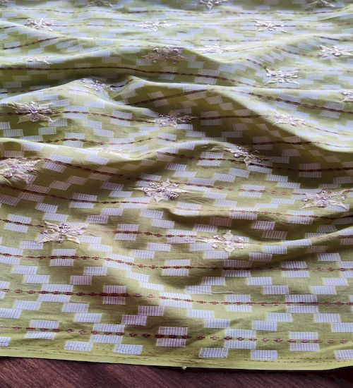 Light Green Thread And Zardozi Motifs Embroidered Ikat Cotton Fabric