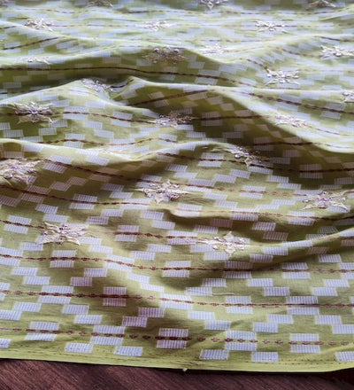 Light Green With Thread And Zardozi Motifs Embroidered Ikat Cotton  Fabric (Wholesale)