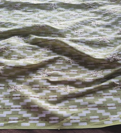 Light Green Thread And Zardozi Motifs Embroidered Ikat Cotton Fabric