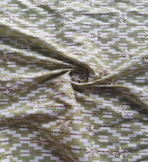 Light Green Thread And Zardozi Motifs Embroidered Ikat Cotton Fabric
