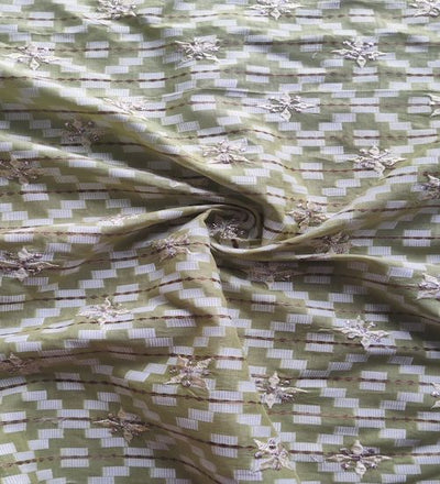 Light Green Thread And Zardozi Motifs Embroidered Ikat Cotton Fabric