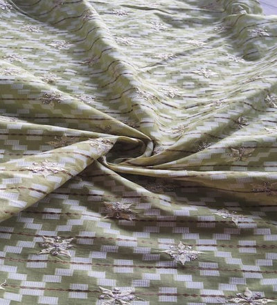 Light Green Thread And Zardozi Motifs Embroidered Ikat Cotton Fabric