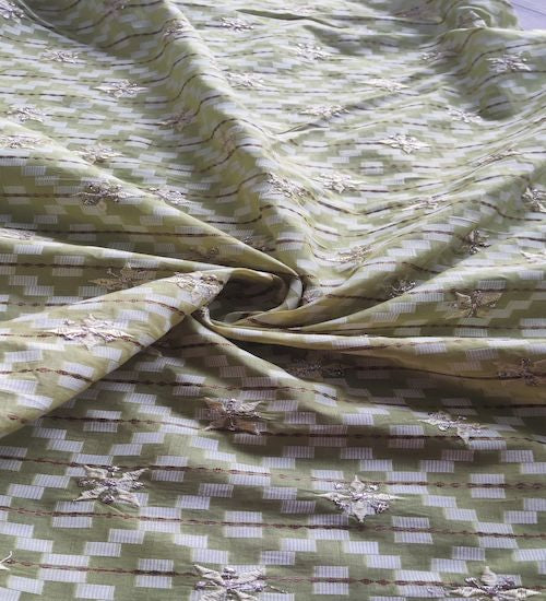 Light Green With Thread And Zardozi Motifs Embroidered Ikat Cotton  Fabric (Wholesale)