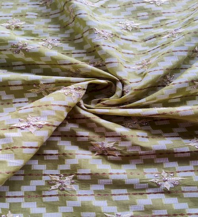 Light Green Thread And Zardozi Motifs Embroidered Ikat Cotton Fabric